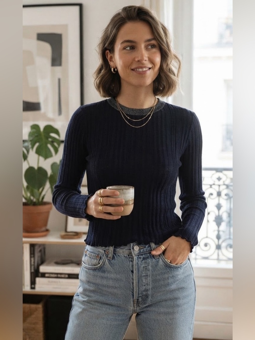 Zara Knit Women's Small Navy Gold Ribbed Knit Metallic Sweater Top